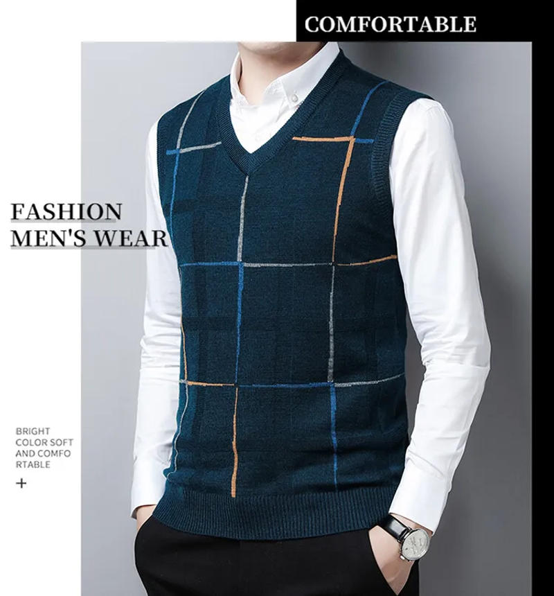 Description Picture 2 of itemMen Wool Vest Waistcoat 2024 Spring Autumn V-Neck Sleevelesss Plaid Man Sweater Vests