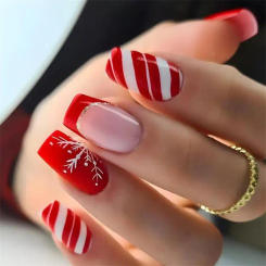 24pcs Glossy Short Ballet Fake Nails Festival Red Press On Nails With White Snowflake Stripe Design Glitter French False Nails *