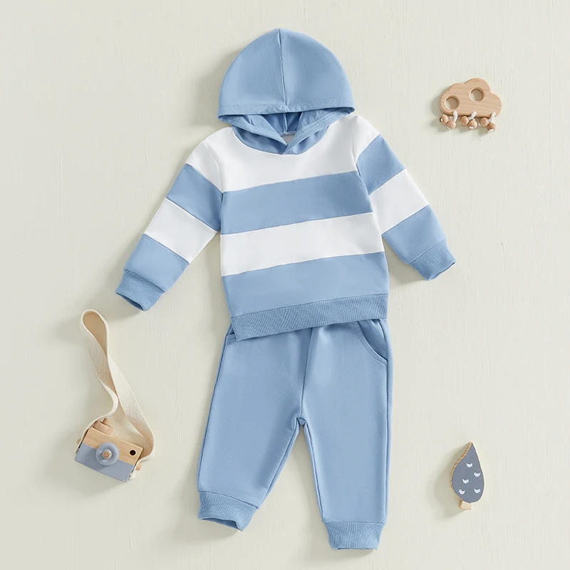 Description Picture 4 of itemBoy Autumn 2PCS Outfit Sets Long Sleeve Striped Hoodie Solid Color Elastic Band Pants Sets