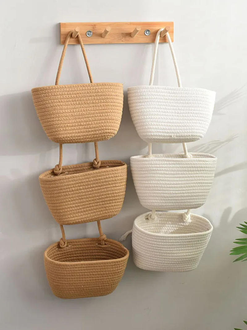 Description Picture 2 of itemWall Hanging Storage Basket Cotton Sundries Organizers Storage Basket 3-layer Household Decoration Wall Storage Tool