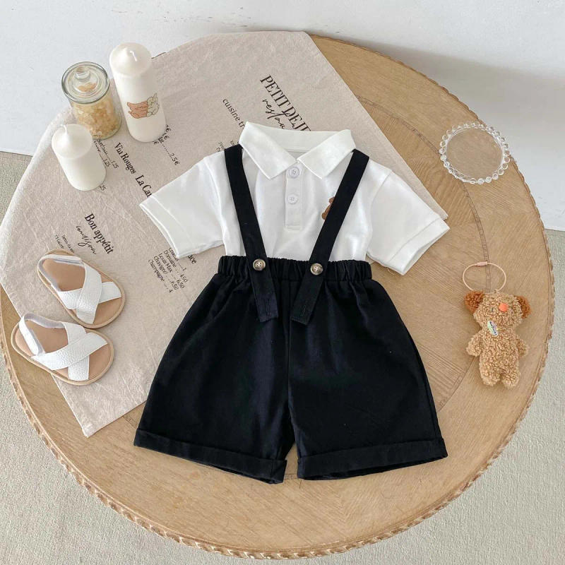 Description Picture 3 of itemBoys' Summer New Polo Collar Top Black Strap Pants Set Infant Cartoon Gentleman Outing Two Piece Set