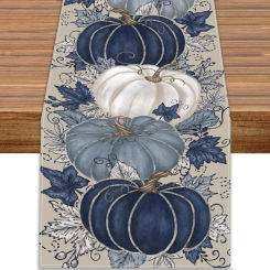 Fall Thanksgiving Table Runner Blue Pumpkin Autumn Harvest Tablecloth for Farmhouse KitchenIndoor Home Party Decoration PH014