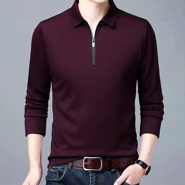 Mens Long Sleeve Polo Shirt Solid Color Zipper Turn Down Collar T-Shirt Business Golf Wear Tshirts Spring High Quality Fit Polos