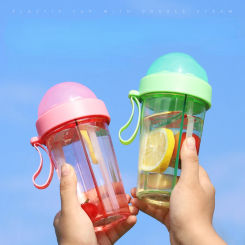 420/600ml Double Drinking Bottle Cute Girl Student Outdoor Double Straw Cup with Handle Portable Plastic Water Bottle