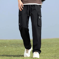 Men's Overalls Ice Silk Wide Leg Straight Leg Multi-pocket Elastic Waist Solid Color Fitness Training Sweatpants Trousers