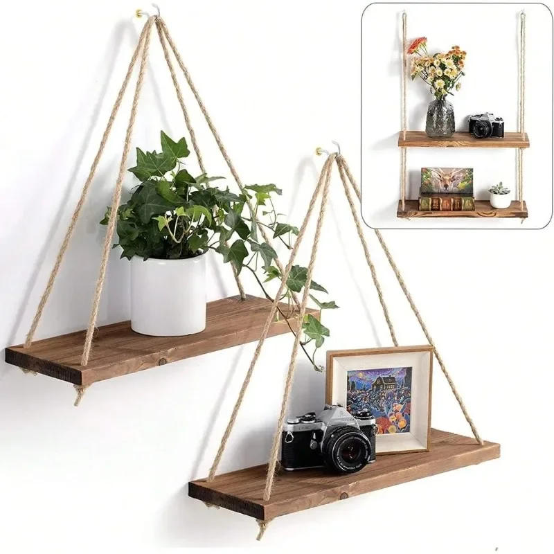 Description Picture 2 of item1PC Wooden Swing Hanging Hemp Rope Garden Decoration Wall Shelve Mounted Floating Home Living Room Plant Flower Pot Tray Storage
