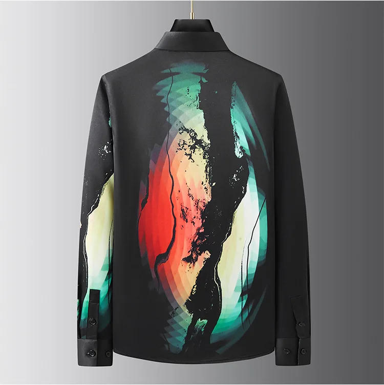 Description Picture 5 of item2024 Spring Gradient Print Shirt for Men Brand Slim Casual Business Dress Shirts Social Nightclub Streetwear Tuxedo Blouse M-3xl