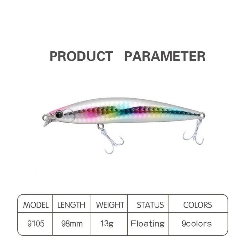 Description Picture 3 of item98mm 13g Floating Water Minnow Fishing Lures Bionic Hard Bait Freshwater Saltwater Fishing Emergency Bait Fishing Accessory