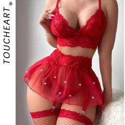 Toucheart 3 Piece Set Sexy Lingerie Lace Mesh Patchwork See-Through Temptation Bra Skirt Thong For Women Sexy Underwear Suit New