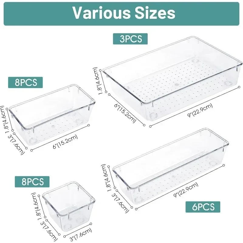 Description Picture 3 of item24/16/8/4pcs Drawer Organizers Set Clear Plastic Desk Dividers Bins Bedroom Dresser Office Storage Box for Makeup Gadgets