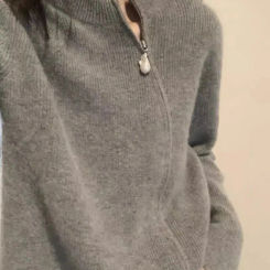 2024 new 100% pure cashmere cardigan women's round neck shell buckle double open diagonal zipper solid color sweater knit coat