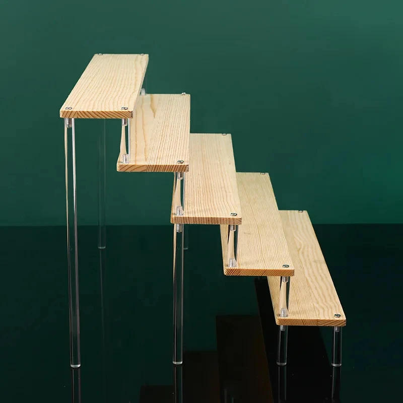 Description Picture 5 of itemAcrylic Step Storage Shelf for Collectibles, Wooden, Clear and Black Display Stand for Toys, Car Models, Cupcakes, 2-5 Tier