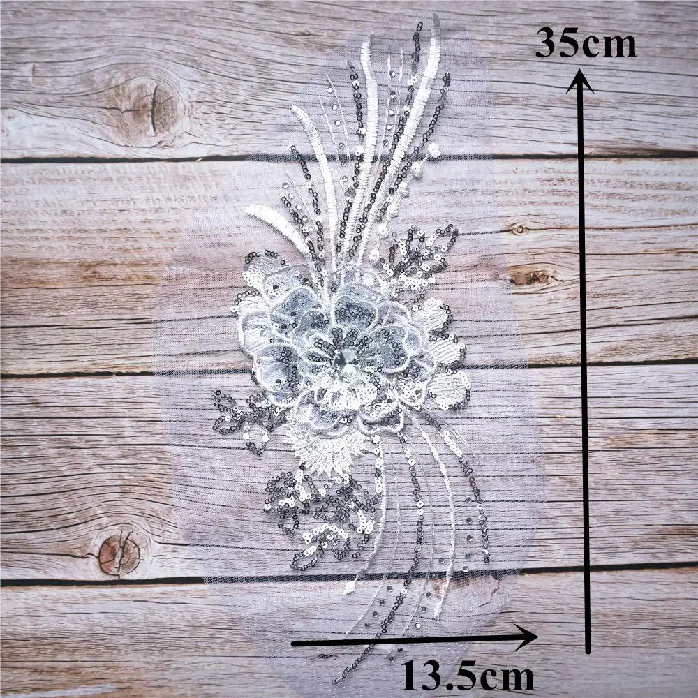 Description Picture 6 of itemGold Silver Sequined 3D Flower Tassel Appliques Embroidered Lace Mesh Rhinestone Sew On Patches For Wedding Dress DIY Decoration