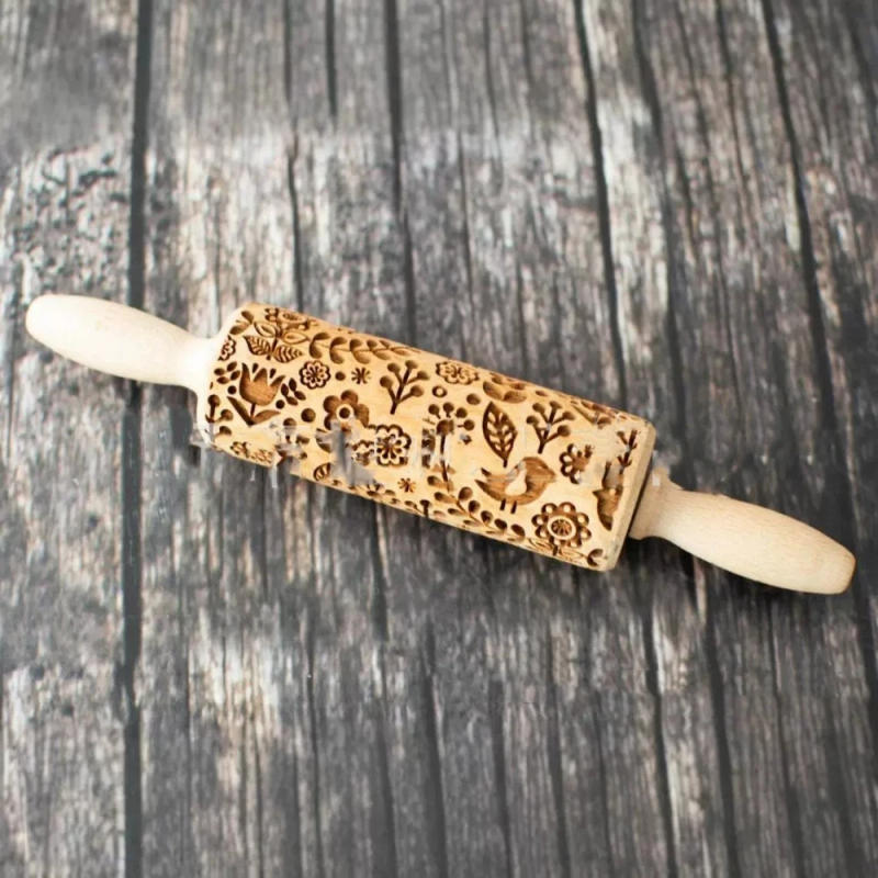 Description Picture 6 of itemFlower Print Christmas Rolling Pin Bird Print Pattern Rolling Pin Wooden Thanksgiving Pastry Tools Deep Engraving Cookies Tool