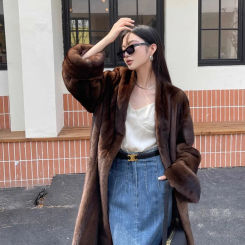 Lautaro Winter Long Vintage Elegant Luxury Chic Thick Warm Soft Brown Fluffy Faux Mink Fur Coat Women V Neck Furry Overcoat 2023