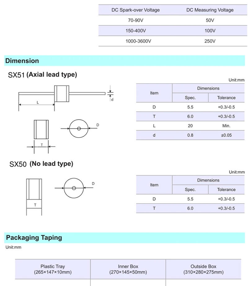 Description Picture 4 of item10PCS/LOT ceramic gas discharge tube 8X6MM 8*6mm SXH81/2RM-70/75/90/150/230/350/470/600/800/1000V 1400V 1500V 2000V 3000V 3600V