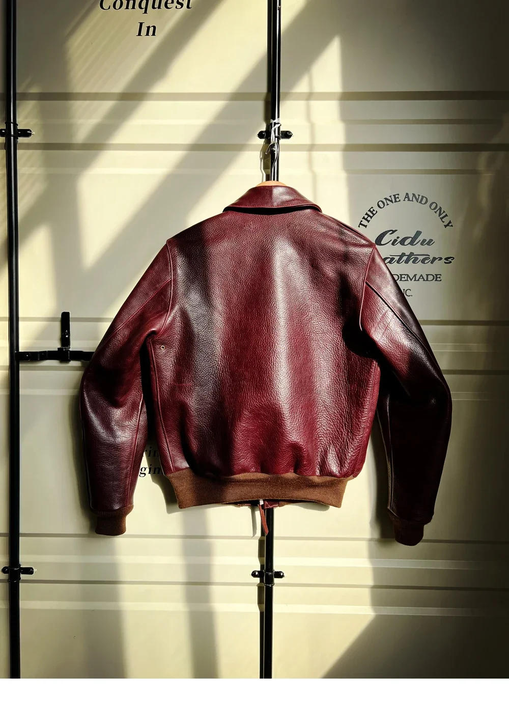 Description Picture 5 of itemTailor Brando No. 23373 Italy Burgundy Uncoated Batik Cowhide A2 Aviator Jacket  60% Wool Threaded Hem Genuine Leather Jacket