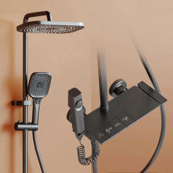 Grey Piano Shower System Brass Bathroom Shower Faucets Hot Cold Waterfall Tap Rainfall Gray Piano Shower Mixers Taps Black White