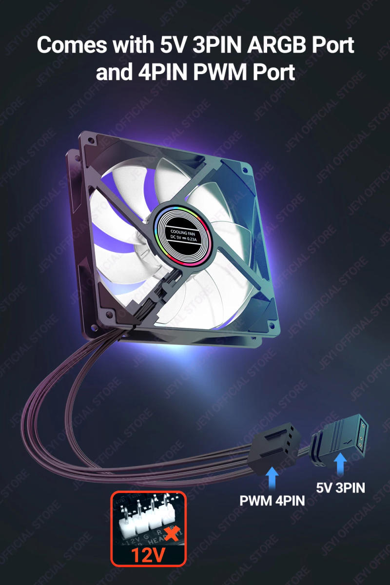 Description Picture 4 of itemJEYI 120mm PC ARGB Cooling Fan AURA SYNC RGB Computer Fans Ultra Silent Heatsink Ventilador with 4PIN PWM and 5V 3PIN ARGB Port