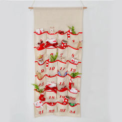 Christmas Advent Calendar Count Down 24 Pockets With Ribbon Trim String And Wooden Rod Screen Printed Number Party Decor
