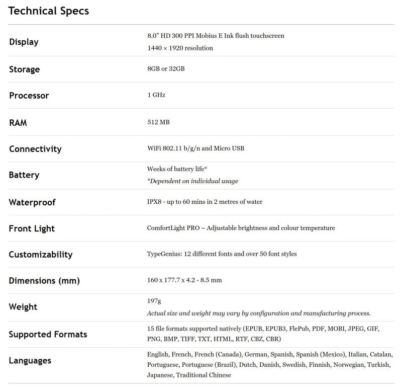 Description Picture 2 of item8Inch KOBO Forma ebook 300PPI N782 E-Reader Digital eBook Reader with Touchscreen Waterproof ComfortLight PRO kindle onyx boox