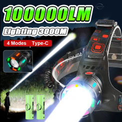 Super Powerful LED Headlamp High Power Long Range 3000M Head Flashlight USB Rechargeable Headlight Torch Fishing Hunting Lantern