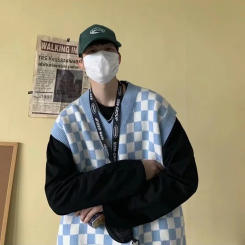 Tw Cross-border Men's Wear Couple Style V-neck Plaid Loose-fit Sweatvest Knit Vest Casual Scene Sleeveless Pullovers