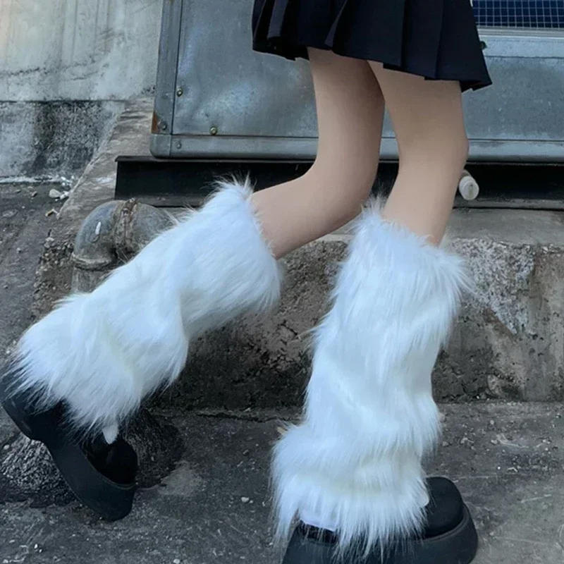 Description Picture 2 of item1-2Pairs White Faux Fur Leg Warmers Boot Covers Y2K Goth Solid Leg Socks Punk Jk Knee-length Hiphop Hotgirl Fashion Warm Sock