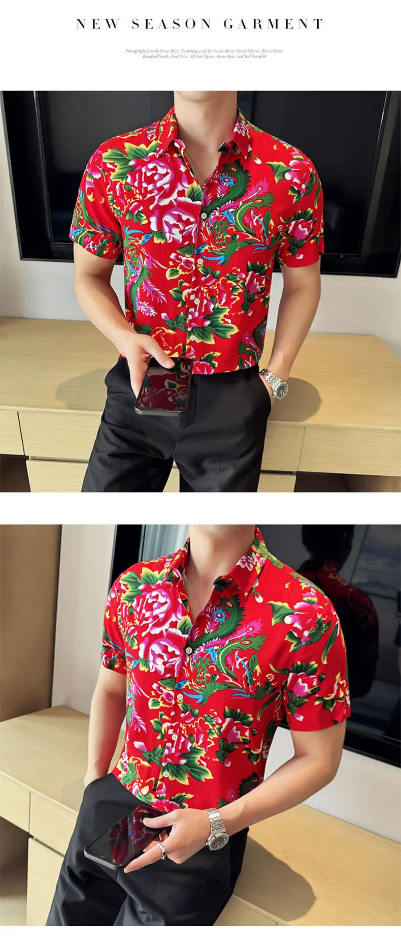 Description Picture 4 of item2024 Summer Art Printed Shirt Men's Short Sleeve Slim Fit Casual Shirts Handsome Versatile Streetwear Tuxedo Blouse Men Clothing