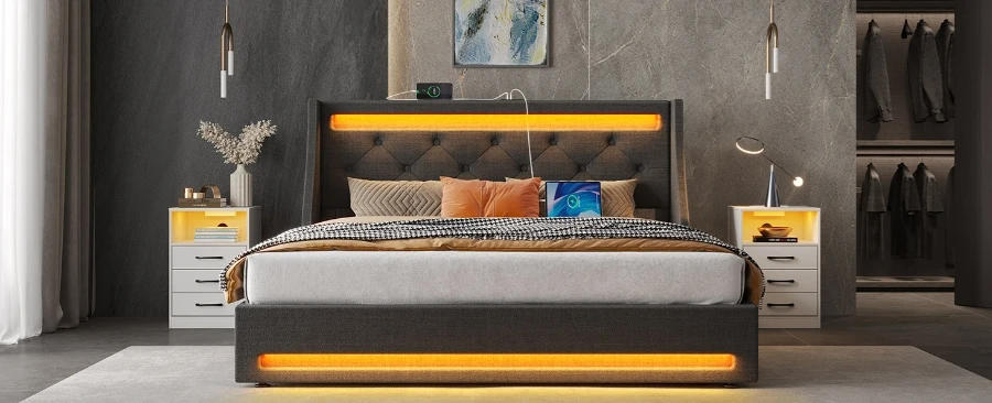 Description Picture 2 of itemUS Twin Bed Frame with LED Lights and Charging Station, Upholstered Bed with Drawers, Wooden Slats, Noise Free, Easy Assembly