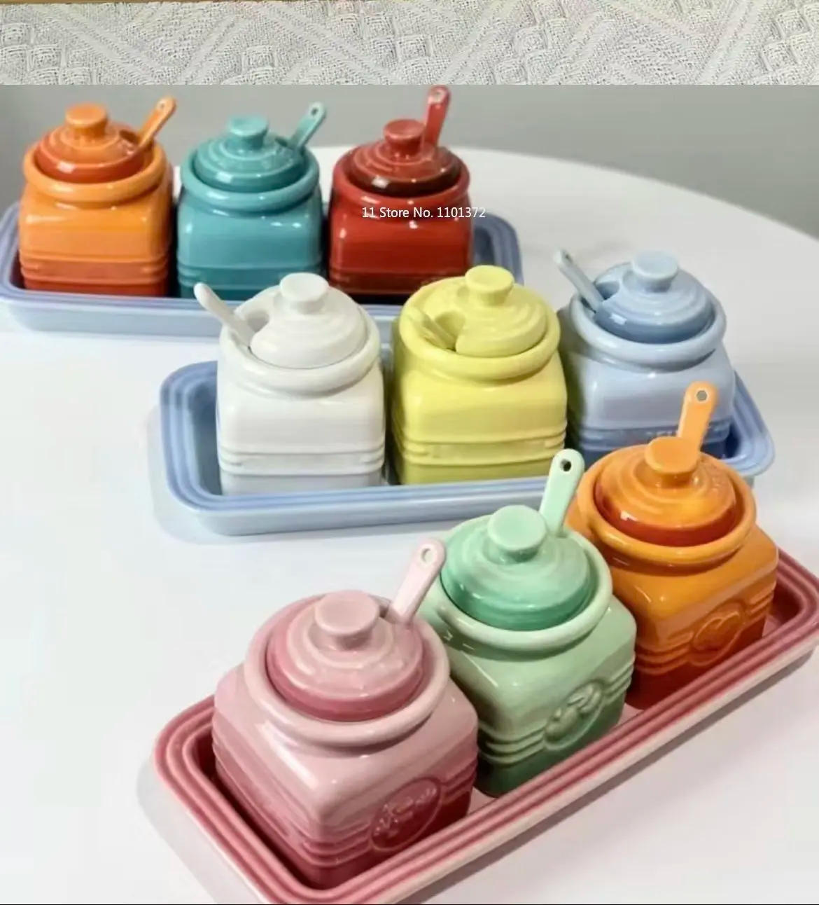 Description Picture 5 of itemEuropean Style Kitchen Spice Organizer Creative Ceramic Spice Jar with Spoon Gift Box Set Jam Storage Jar with Lid   Spice Rack