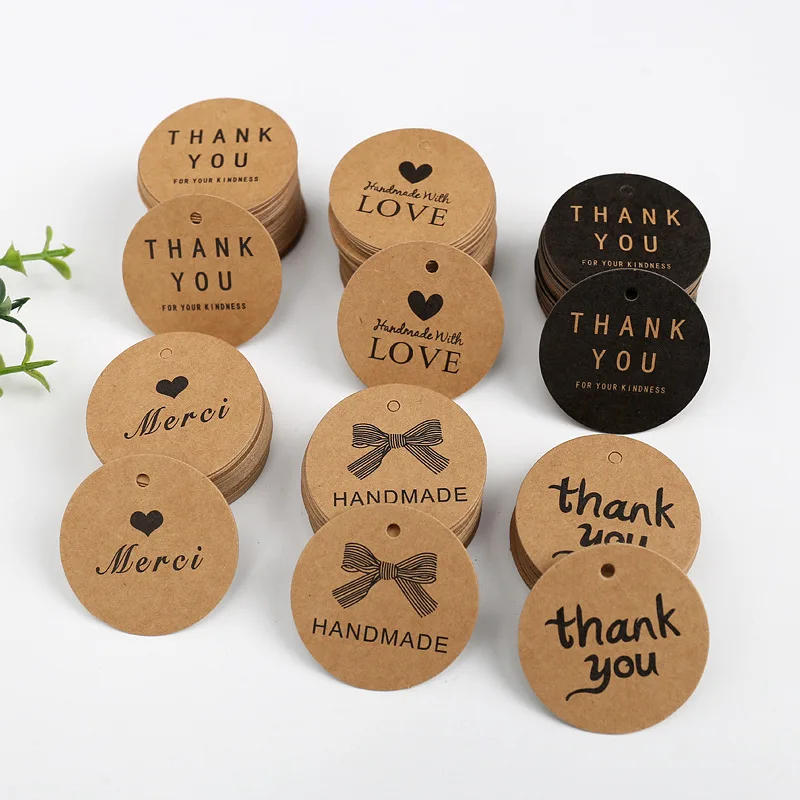 Description Picture 2 of item100pcs 4cm Round Kraft Paper Tags Thank You Merci Love Print Tag Labels Handmade Product Garment Shoes Hang Tag DIY Accessories