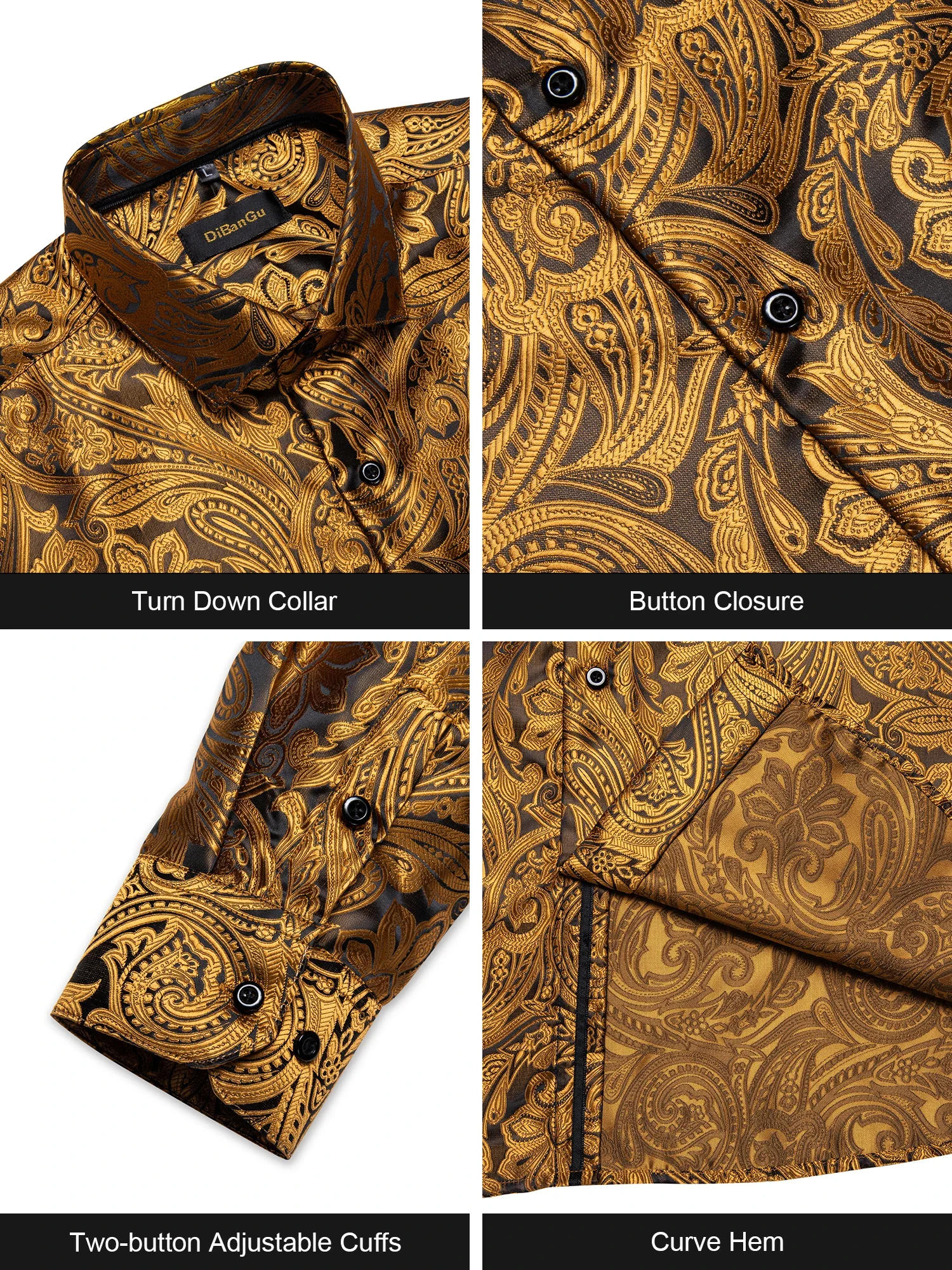 Description Picture 3 of itemGold Paisley Silk Shirts for Men Long Sleeve Luxury Brand Tuxedo Wedding Party Men Clothing DiBanGu
