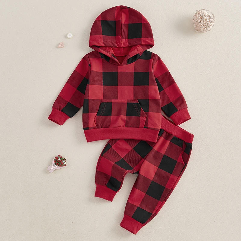 Description Picture 2 of itemToddler Boys Christmas Outfits Plaid Pocket Long Sleeve Hoodies Hooded Sweatshirts and Long Pants 2Pcs Clothes Set
