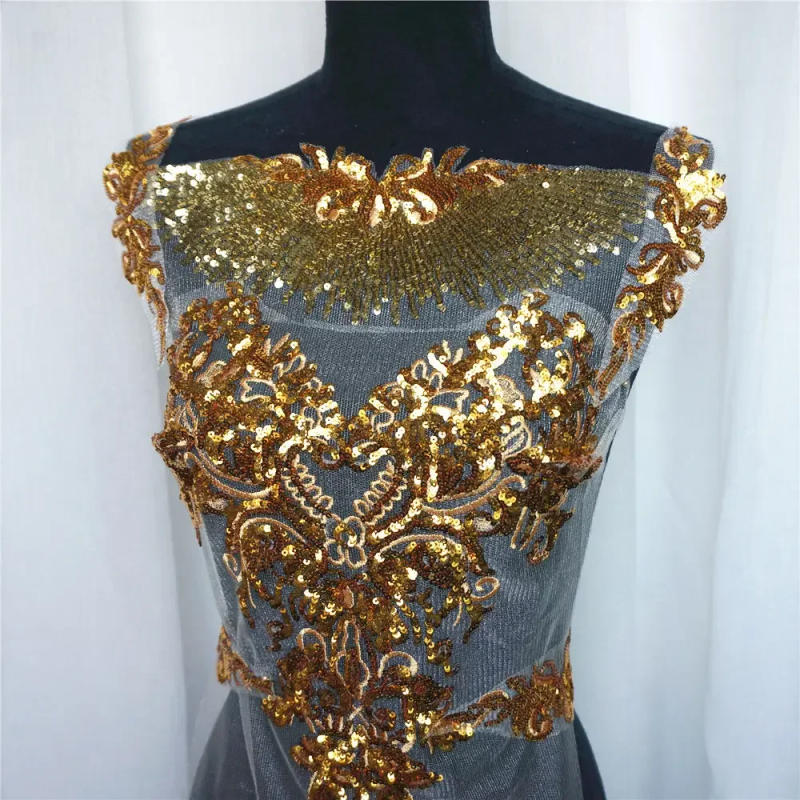 Description Picture 5 of item1 Set Gold Sequin Lace Fabric Black Red Blue White Tassel Mesh Noble Embroidered Wedding Gown Applique Patch For Dress Decor DIY