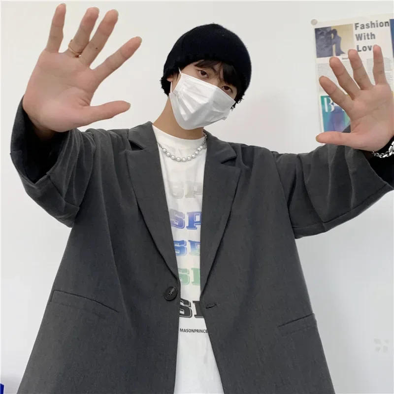 Description Picture 6 of itemVintage Blazers Men Single Button Hongkong Style Streetwear Fashion Simple Solid Suits Outwear Autumn Slouchy Casual Loose Bf