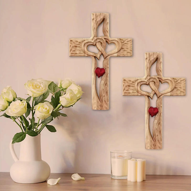 Description Picture 6 of item1pc, Valentine's Day Wooden Love Cross-interwoven Heart, Wall Hanging Hand Carved Wooden Cross For Home Living Room Decoration