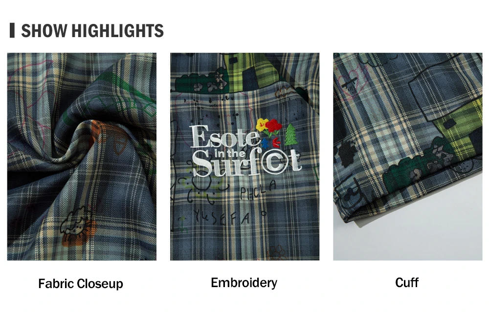 Description Picture 3 of itemGraffiti Print Plaid Short Sleeve Shirts Mens Embroidery Streetwear Lapel Single Breasted Drop Shoulder Half-Sleeve Shirts Men