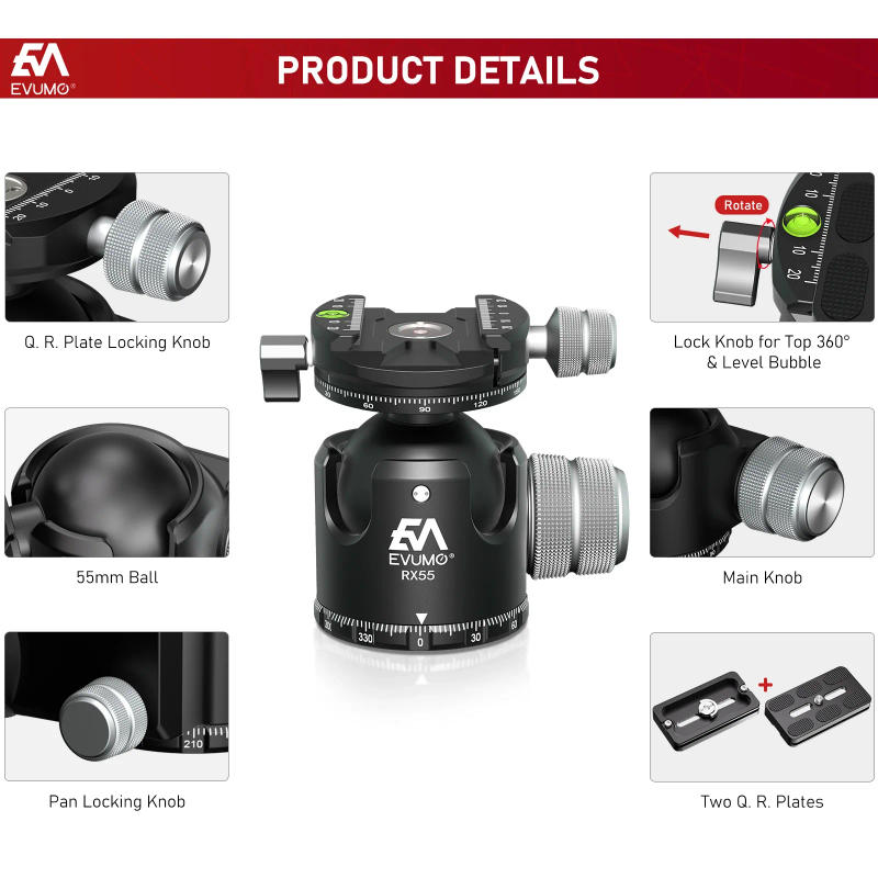 Description Picture 4 of itemEVUMO RX55 Low Center Gravity Tripod Ballhead Double Panoramic 55mm Ball Head add Quick Release Plate for Monopod DSLR Camera