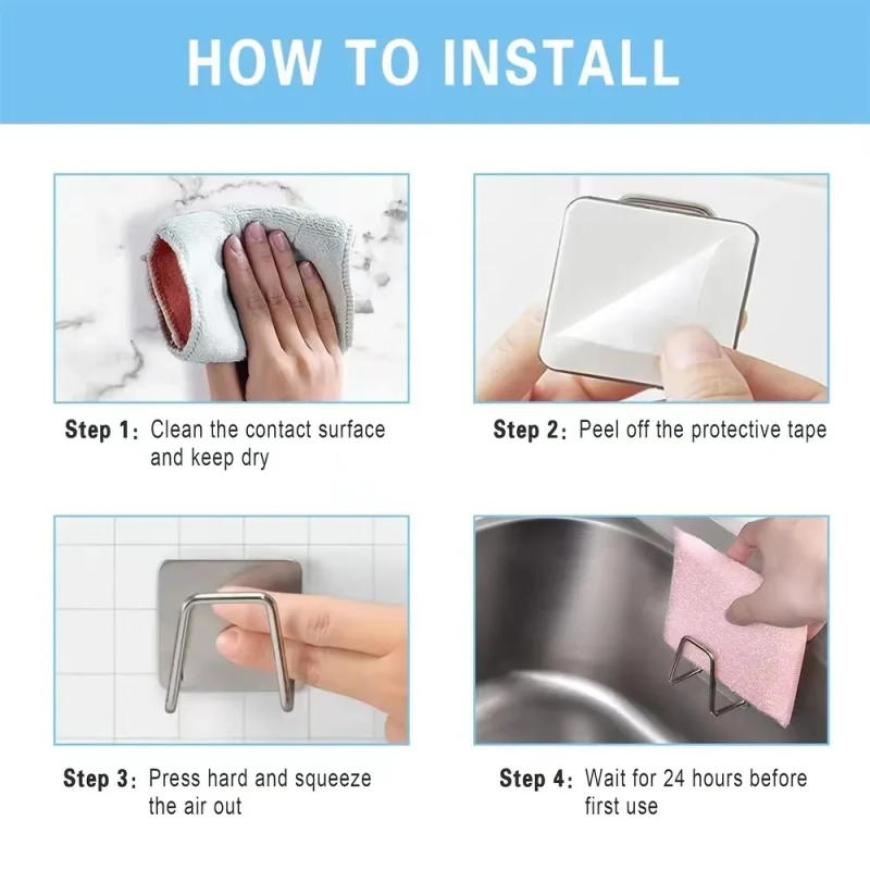 Description Picture 6 of item1-2Pcs Kitchen Sink Sponge Rack Drain Storage Holder Self Adhesive Stainless Steel Wire Ball Rag Brush Organizer Wall Hooks