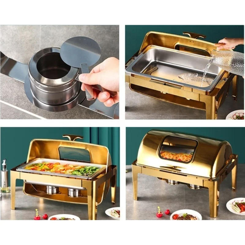 Description Picture 6 of itemFactory Direct Dishes Chafing Dishes Buffet Catering Stainless Steel Round Roll Hot Pot Food Warmer Luxury Buffet Alcohol Stove