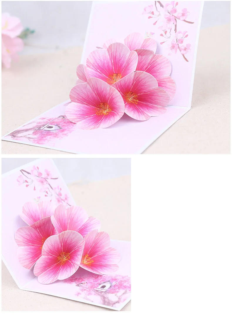 Description Picture 3 of itemPop up 3D greeting card peach blossom blooming card Valentine's Day color printing thank you blessings gifts wedding invitation