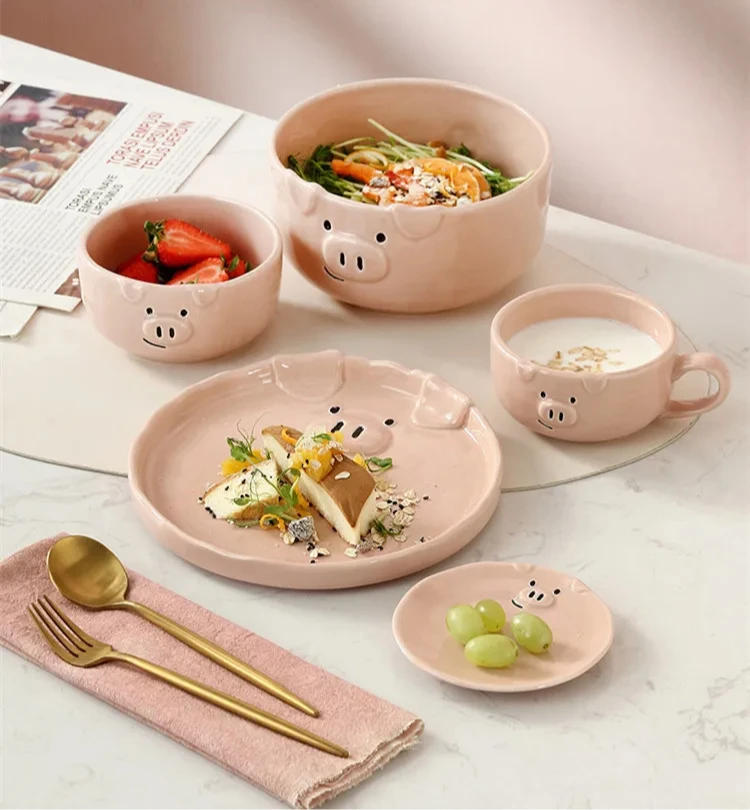 Description Picture 3 of itemCeramic Bowl Cute Pink Pig Tableware Dishes Home Ceramic Plate Breakfast Nordic Wind Irregular Matte Plate Kitchen Utensils