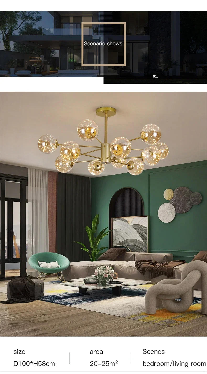 Description Picture 2 of itemModern Nordic LED Chandeliers For Living Room Bedroom Decoration Black Luxury Glass Ball Ceiling Pendant Lamp Dimmable Fixture