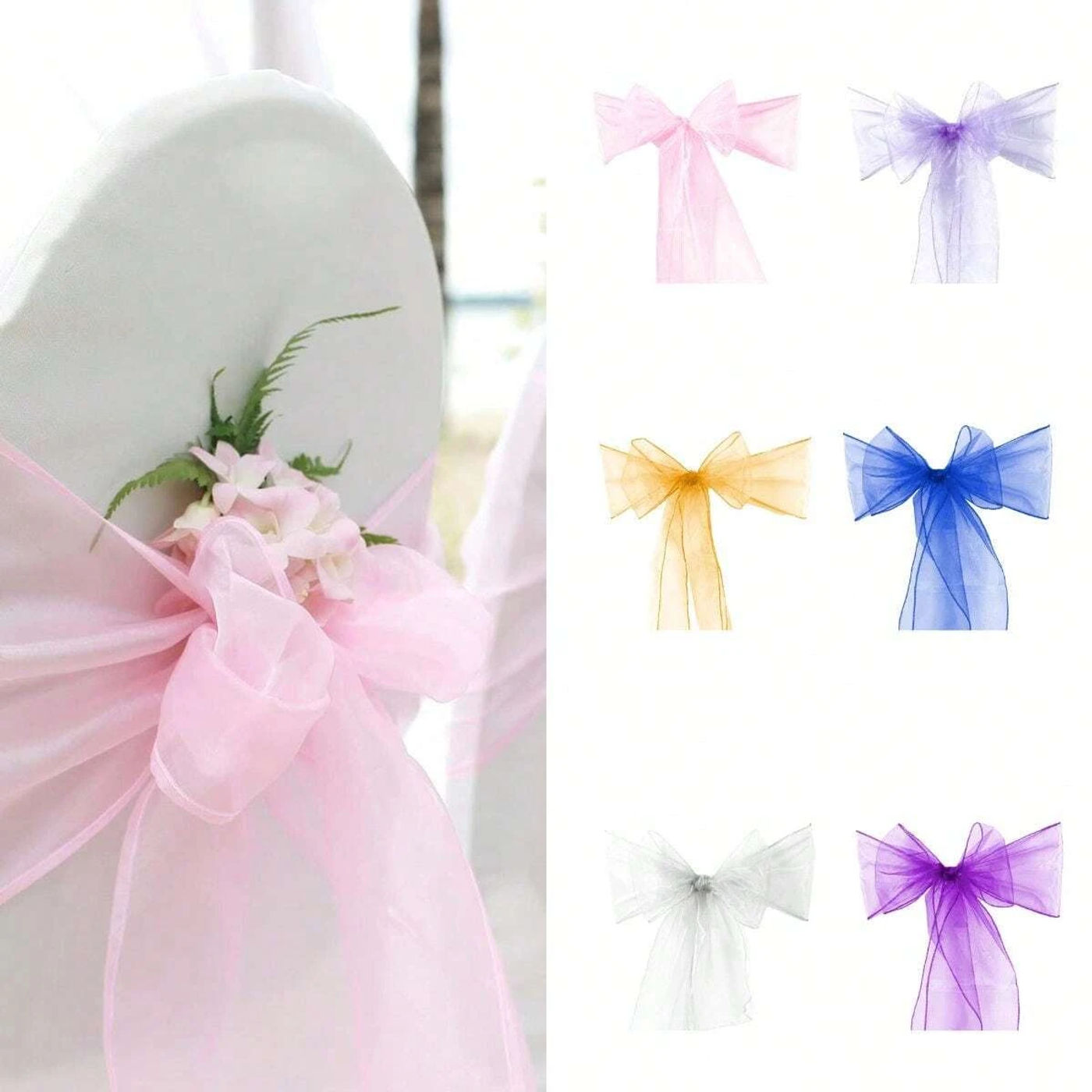 Description Picture 2 of item10pcs Organza Chair Sashes Knot Bands Chair Bows for For Wedding Party Banquet Event Country Wedding Chair Decoration