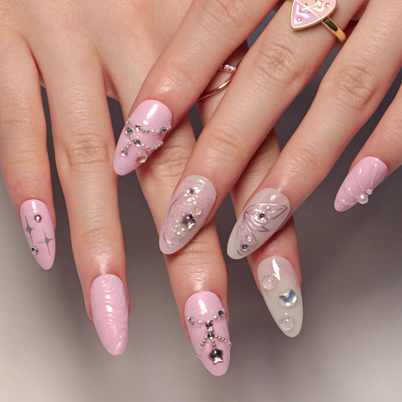 Description Picture 6 of item24pcs Sweet pink star Fake Nails 3D Ocean Shell Wearing False Nail Tips Butterfly Sparkling Diamond Ins Korean Press on Nails