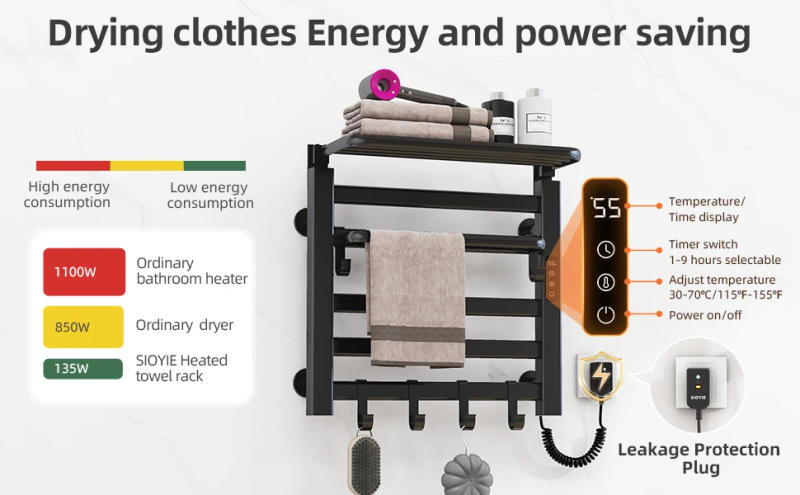 Description Picture 6 of itemSIOYIE Towel Warmer Bathroom Wall Mounted Heated Towel Rack with storage rack, Electric Towel Drying with Timer R630