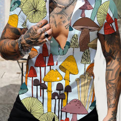 Men's Hawaiian shirt 3D printed jungle mushroom table fashion button short sleeved lapel street clothing men's summer shirt