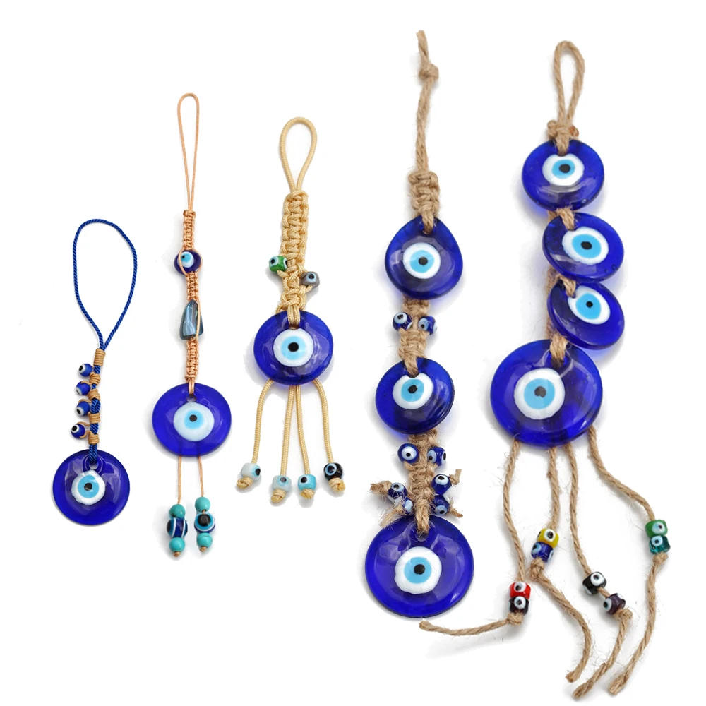 Description Picture 2 of itemLucky Eye Braided Rope Cross Heart Tassel Wall Hanging Handmade Glass Turkish Evil Eye Pendant Keyring for Home Living Room Car