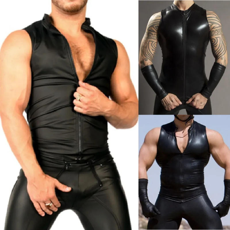 Description Picture 2 of itemMens Sexy PU Leather Shiny Sleeveless Tops, Party Nightclub Stage Costume, Tag Size M 2XL, Faux Leather+Spandex